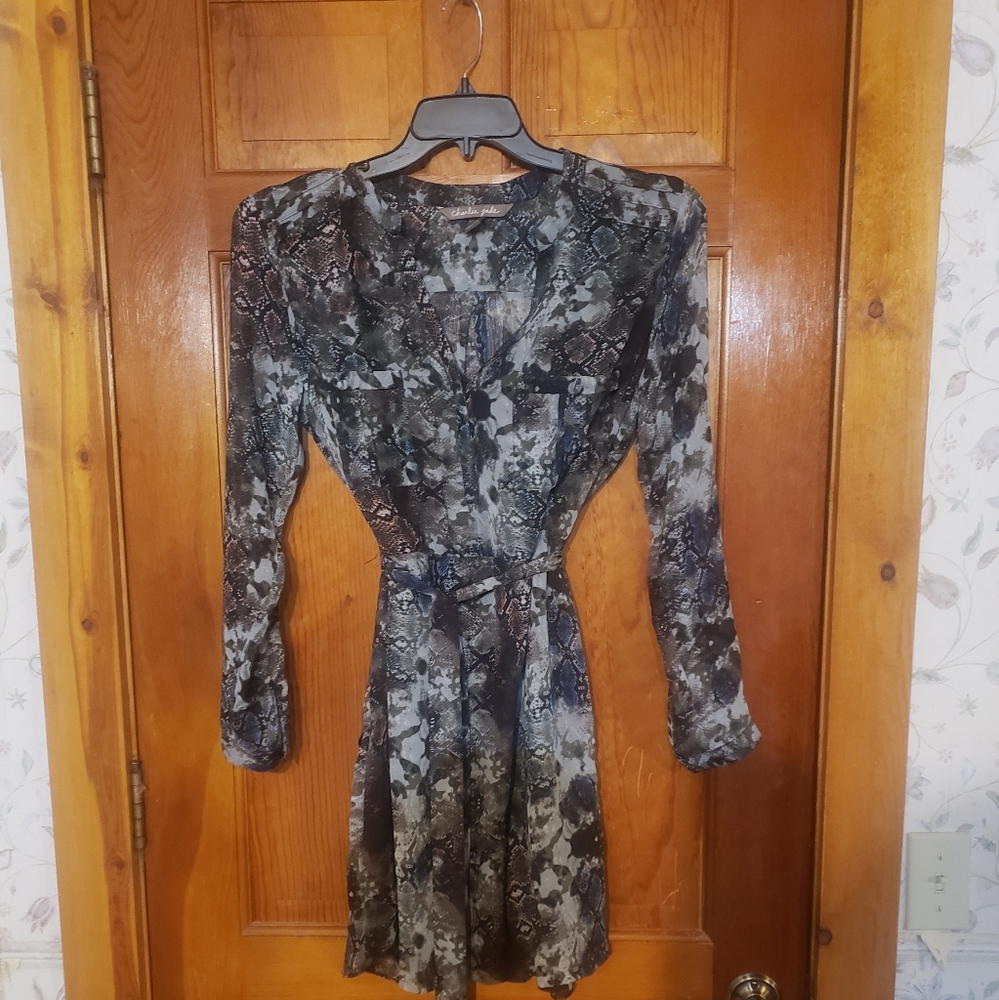 Snake print sheer dress with black connected slip . Multi color